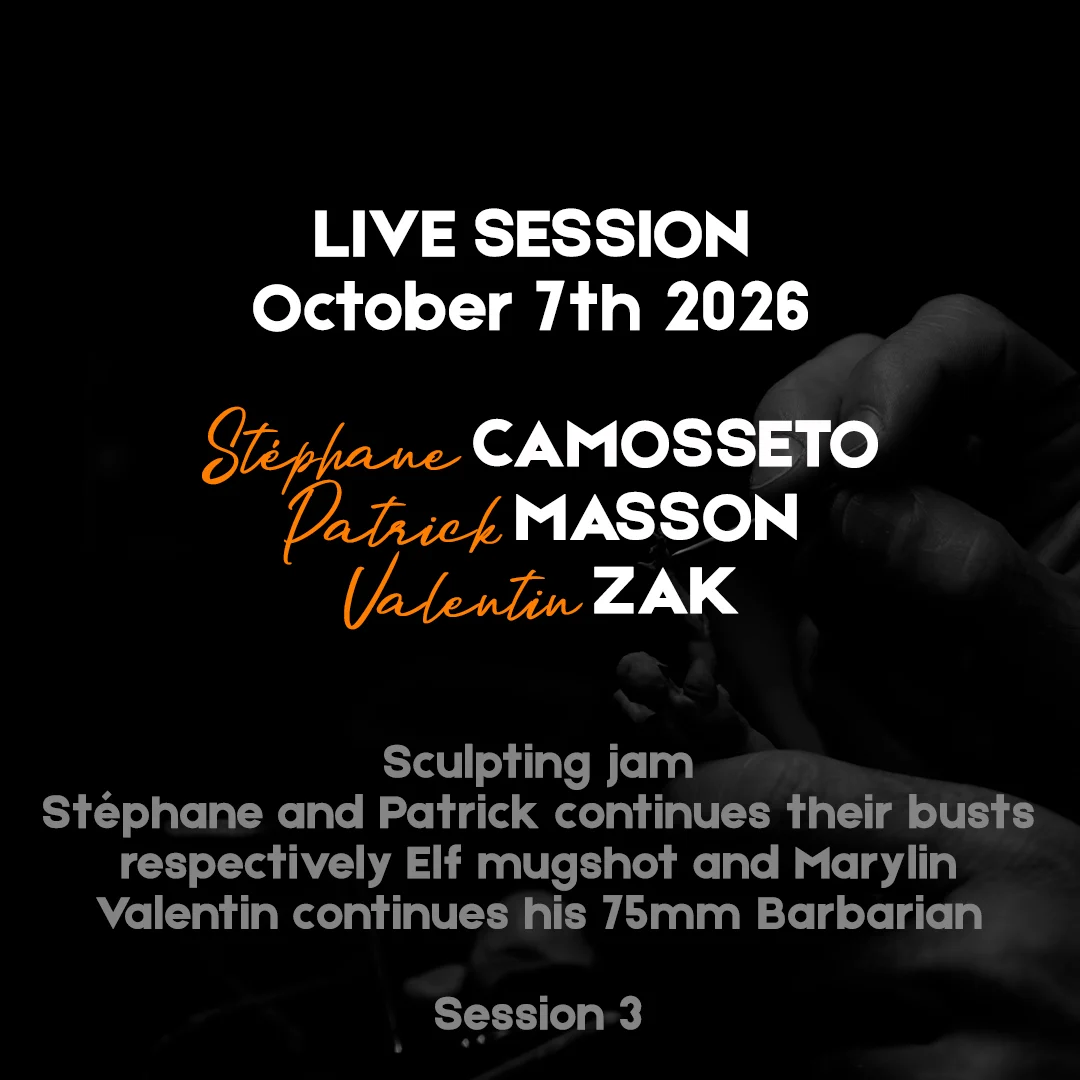 Hand holding a microphone with text: LIVE SESSION October 7th 2026, featuring names and sculpting references