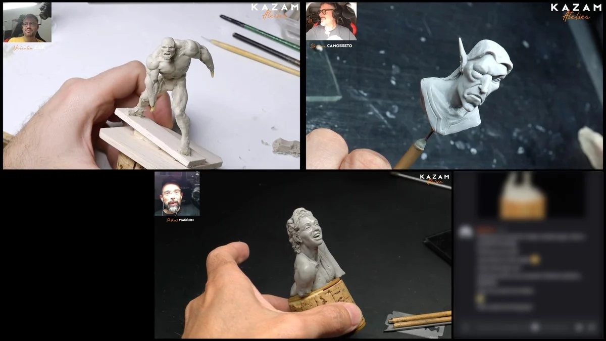 Hand holding a sculpted 3D man’s face in animated livestream with blurred text ‘KAZAM’ and ‘KAZAMI’