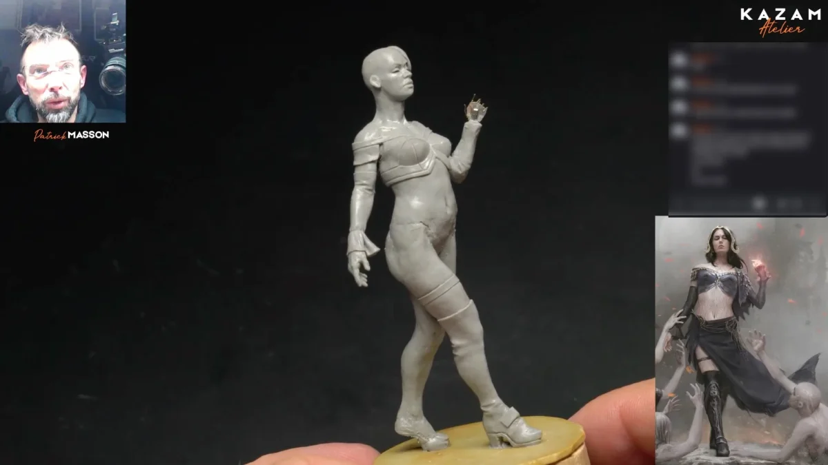 3D model of a woman in black dress on a platform, left side features a person’s face