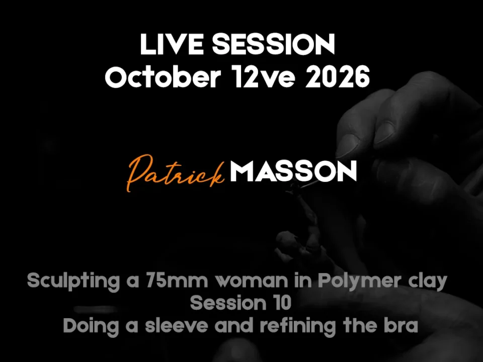 Hands holding a 75mm polymer clay sculpture of a woman during a live session by Patrick Masson