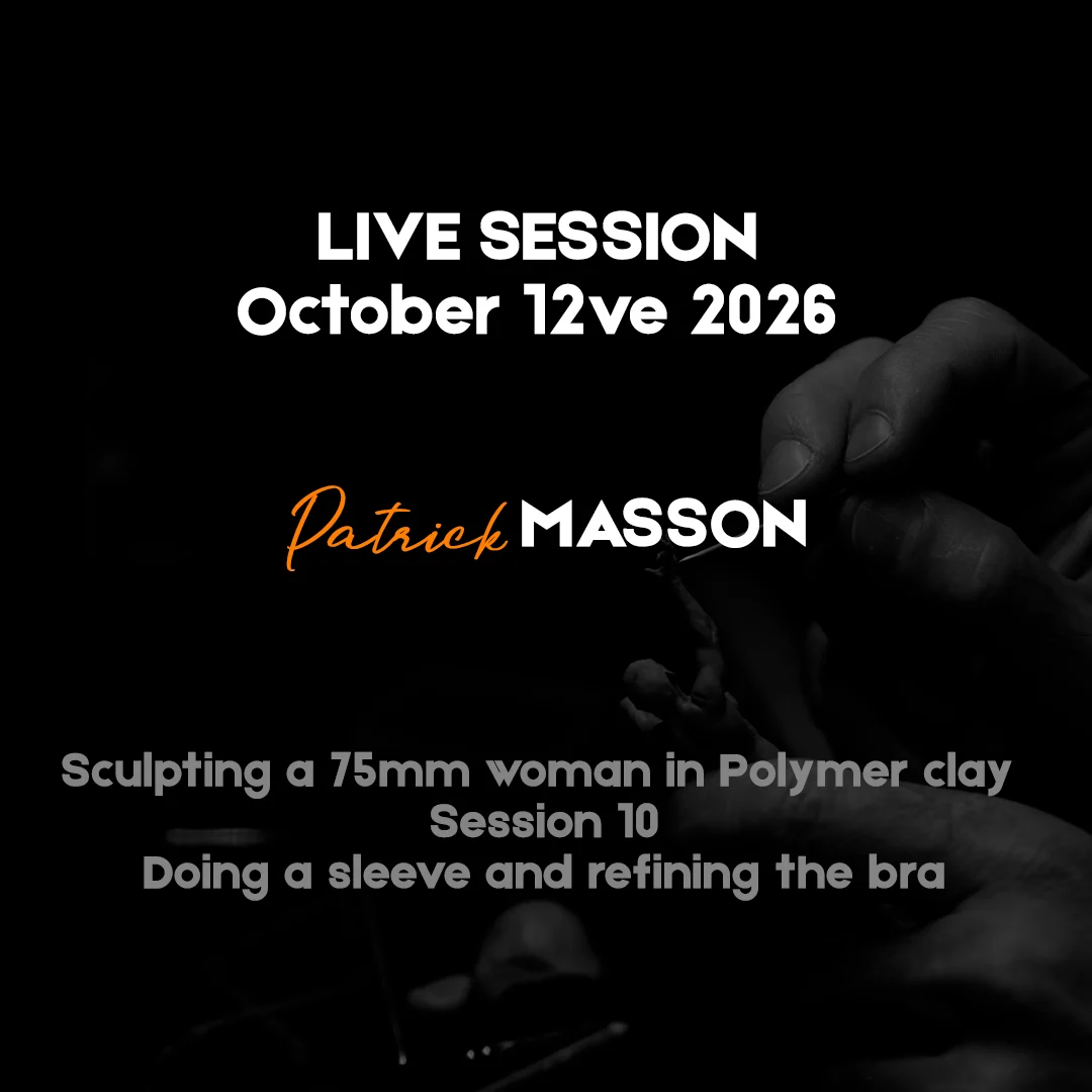 Hands holding a 75mm polymer clay sculpture of a woman during a live session by Patrick Masson